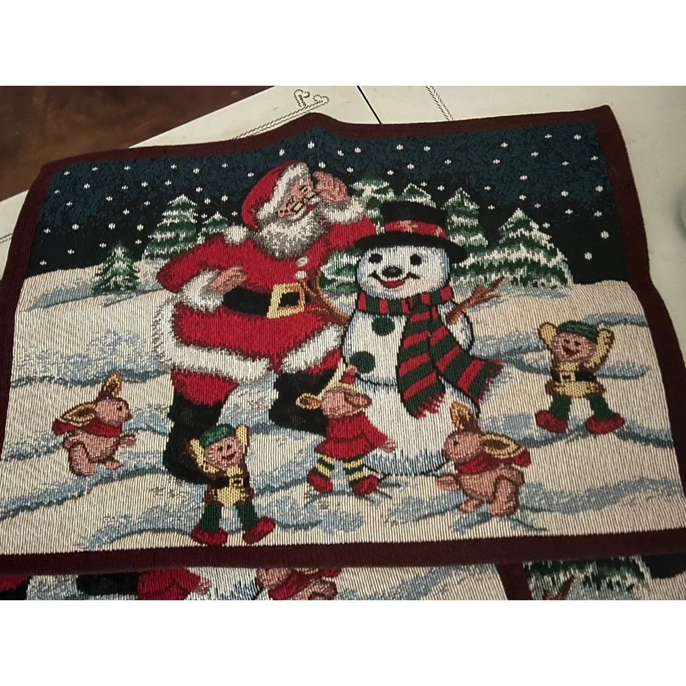 Christmas Table Runner & 6 Place Mat Set Tapestry Winter Scene Santa Snowman